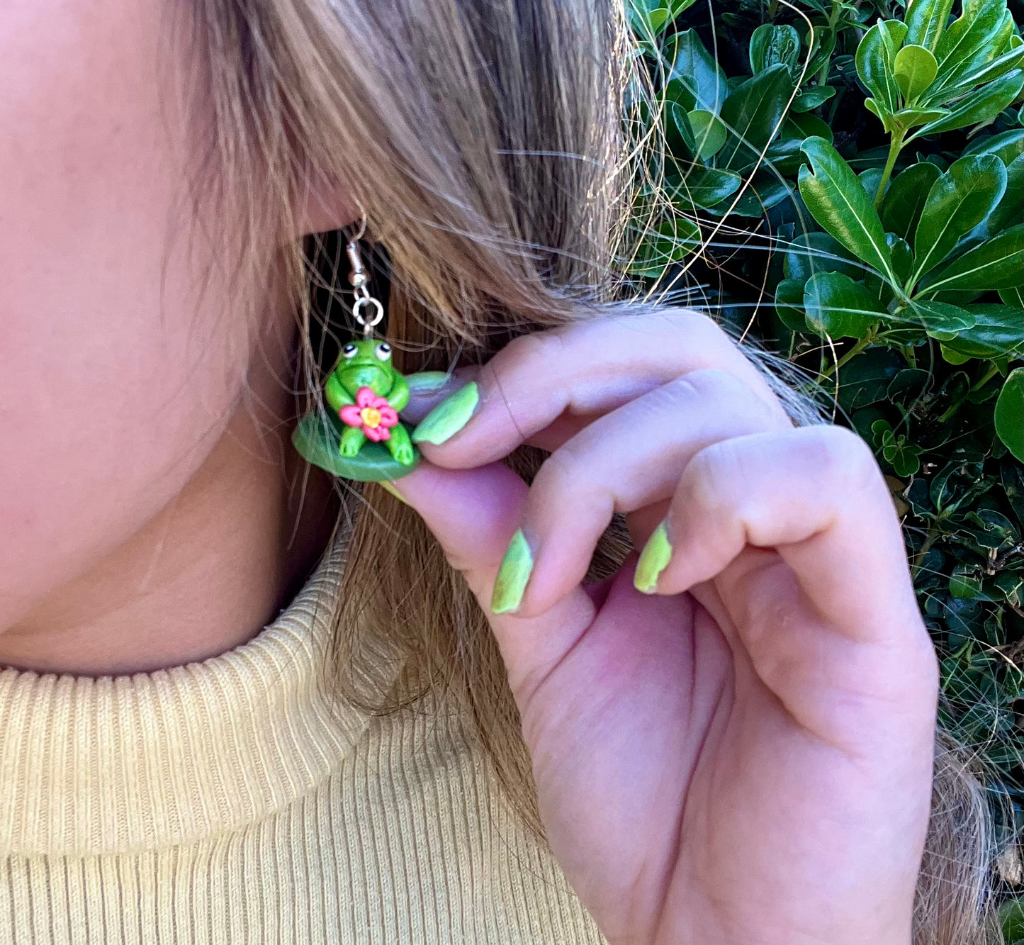 Handmade Polymer Clay Frog on Lily Pad Dangly Earrings