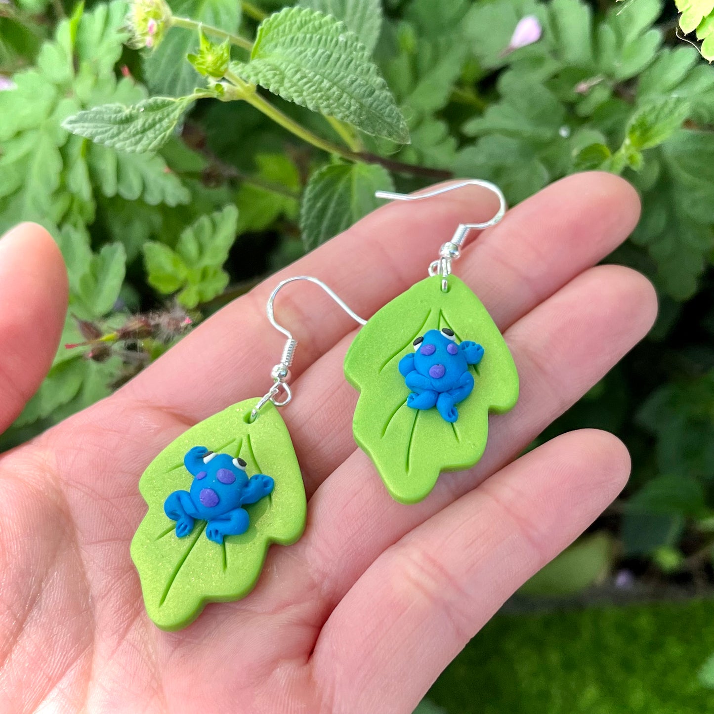 Handmade polymer clay bright blue frog earrings