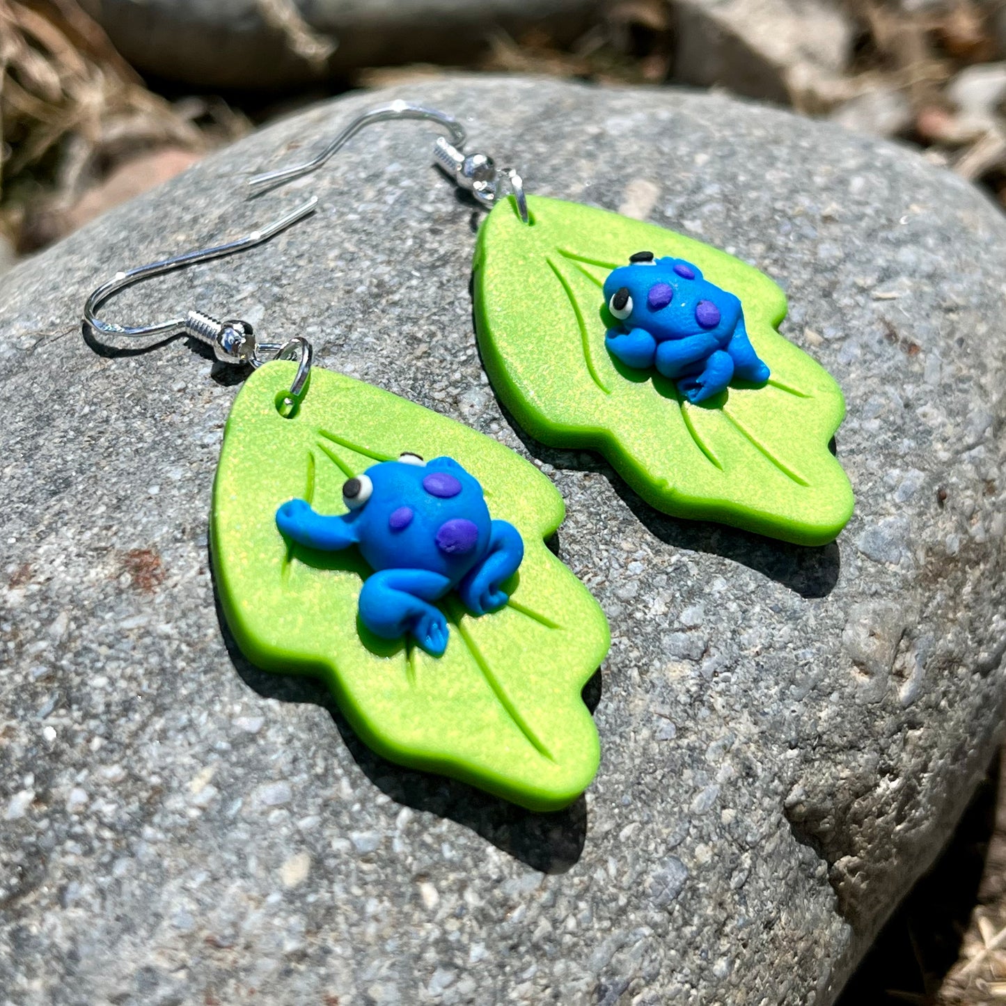 Handmade polymer clay bright blue frog earrings
