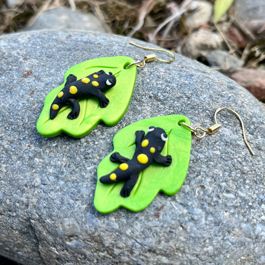 Handmade polymer clay yellow spotted salamander earrings