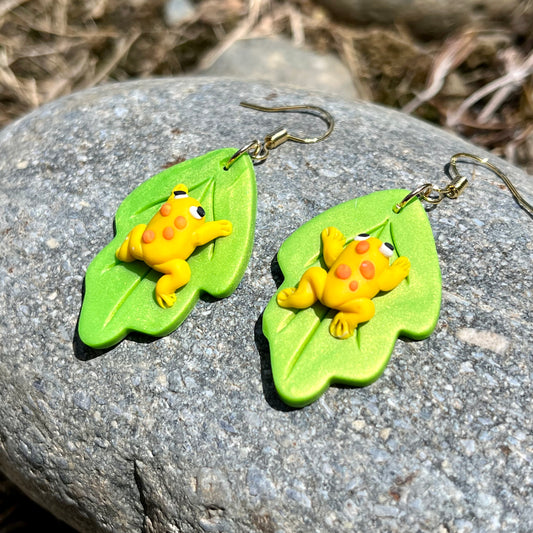 Handmade polymer clay yellow frog leaf earrings