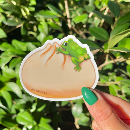 Green frog on bao bun vinyl sticker