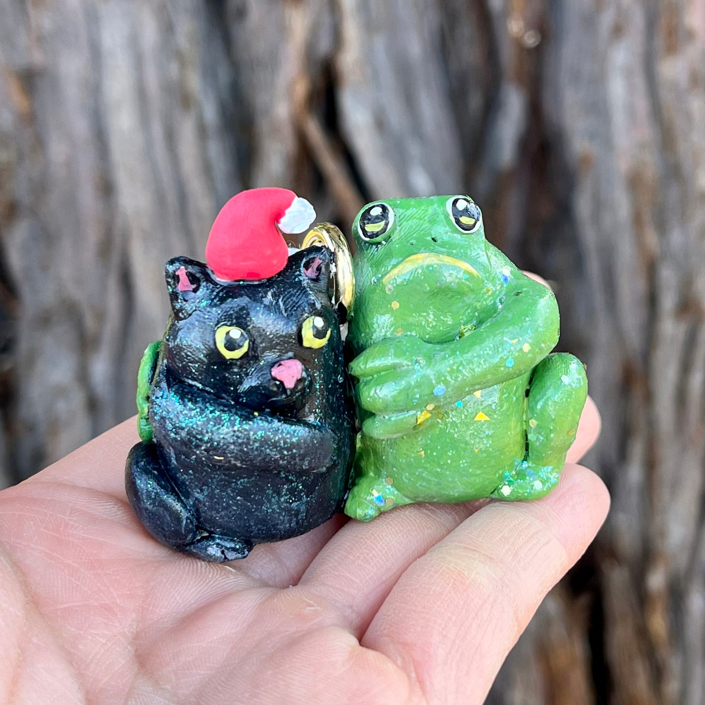 Handmade Polymer Clay Winter Holiday Frog and Black Cat Glittery Ornament Figurine