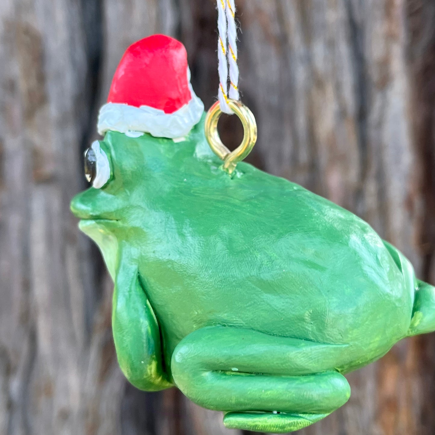 Handmade polymer clay holiday frog ornament figurine