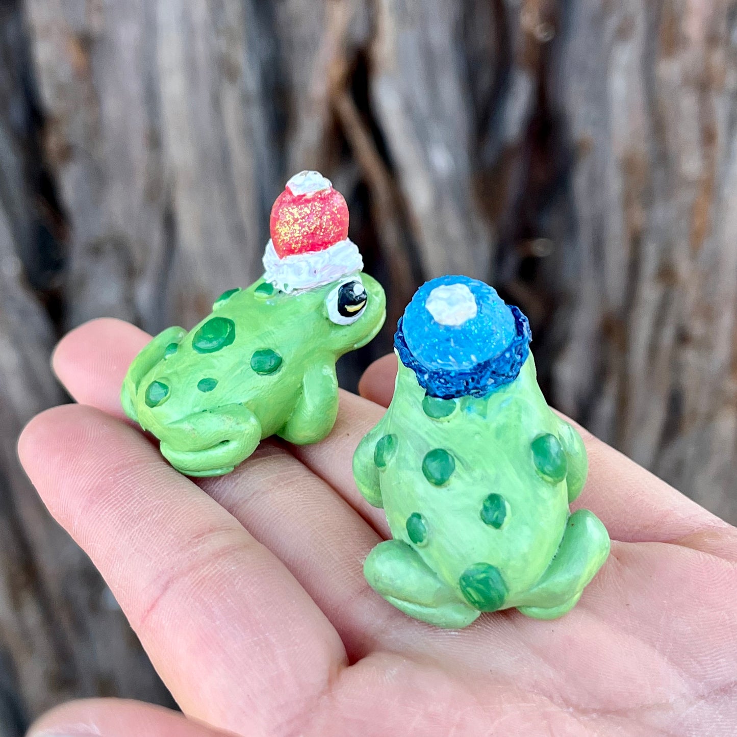 Handmade Polymer Clay Winter Cozy Toads with Knit Hat Mini Figurine