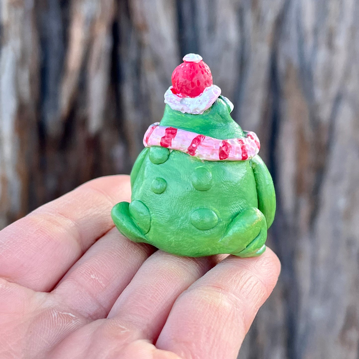Handmade Polymer Clay Holiday Winter Hat Scarf Toad Figurine