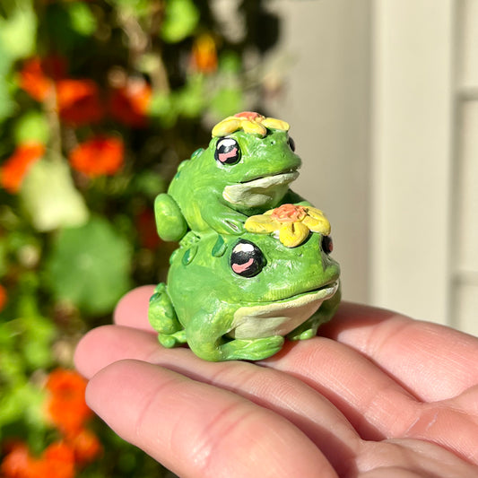 Handmade stacking flower hat green toad figurine