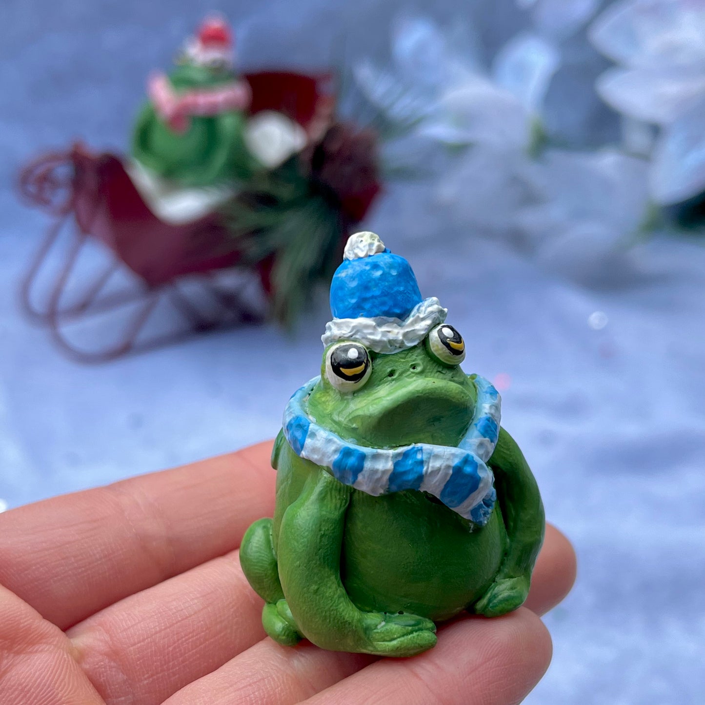 Handmade Polymer Clay Holiday Winter Hat Scarf Toad Figurine