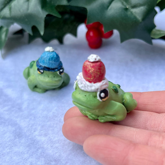 Handmade Polymer Clay Winter Cozy Toads with Knit Hat Mini Figurine