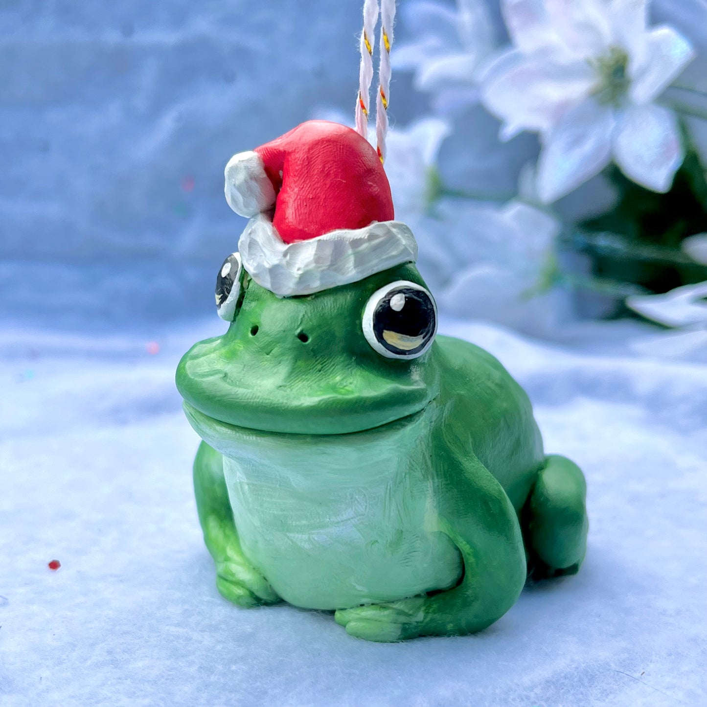Handmade Polymer Clay Holiday Frog and Toad Glittery Ornament Figurine