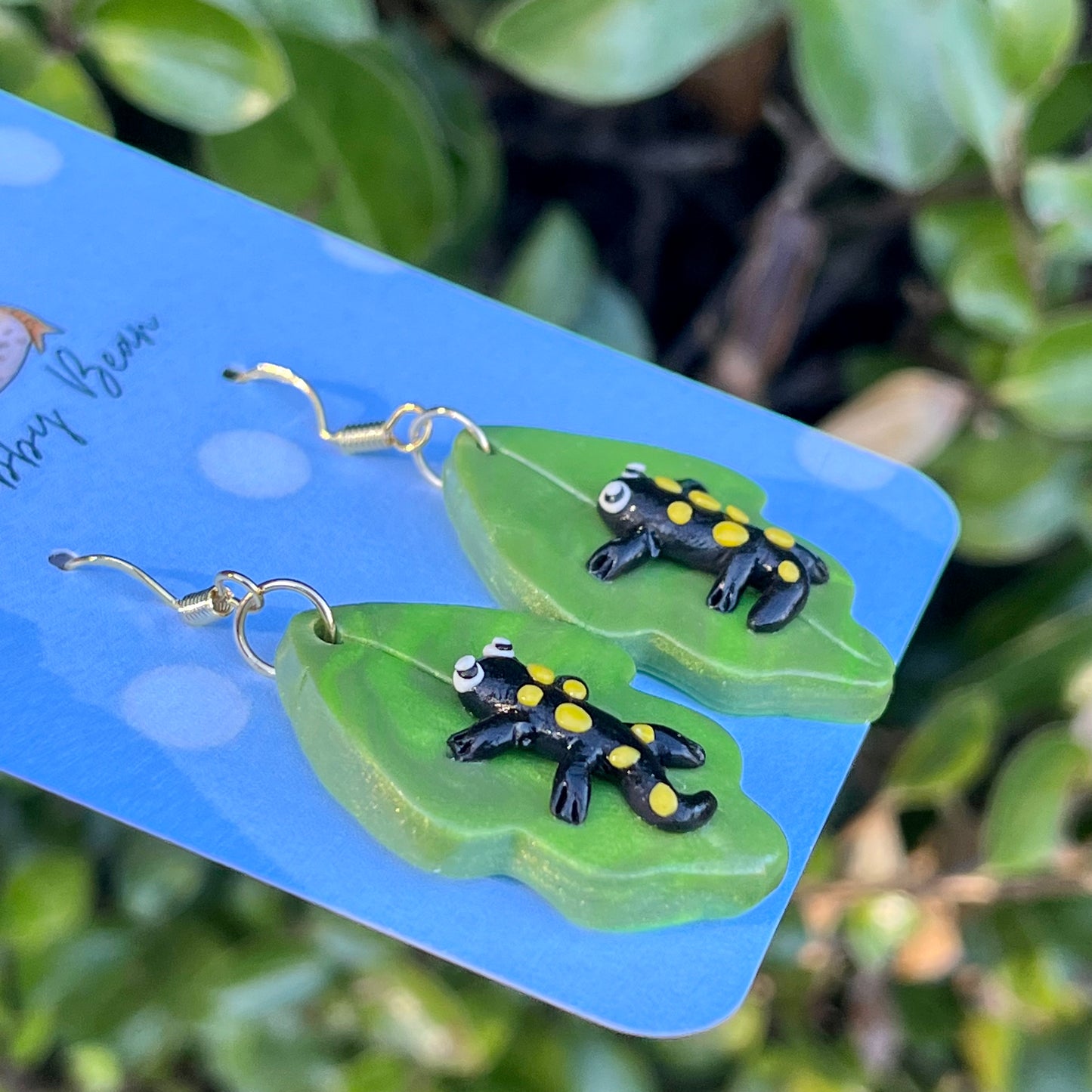 Handmade polymer clay yellow-spotted salamander dangly earrings