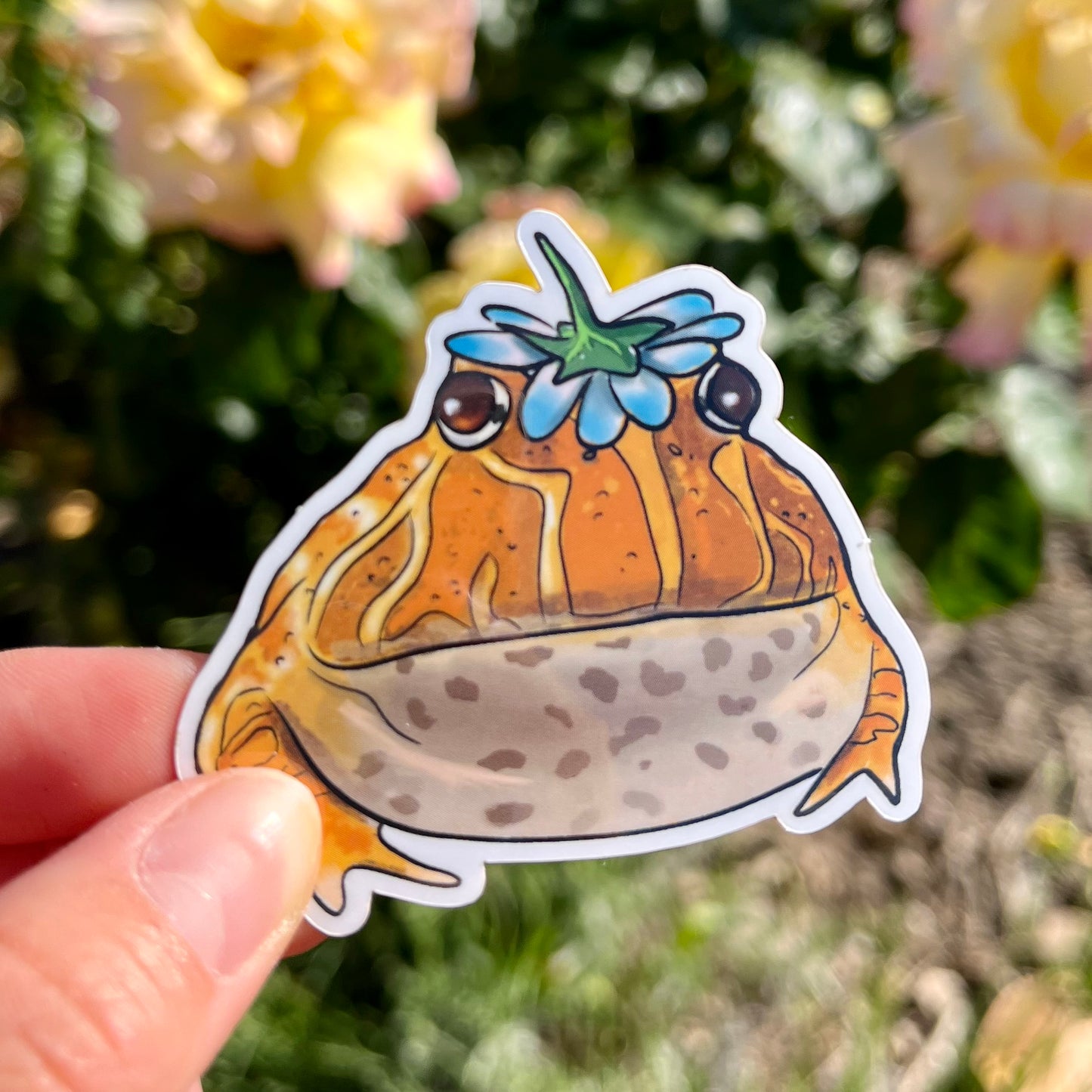 Cute Vinyl "Tibby" Pacman Frog with Flower Hat Sticker