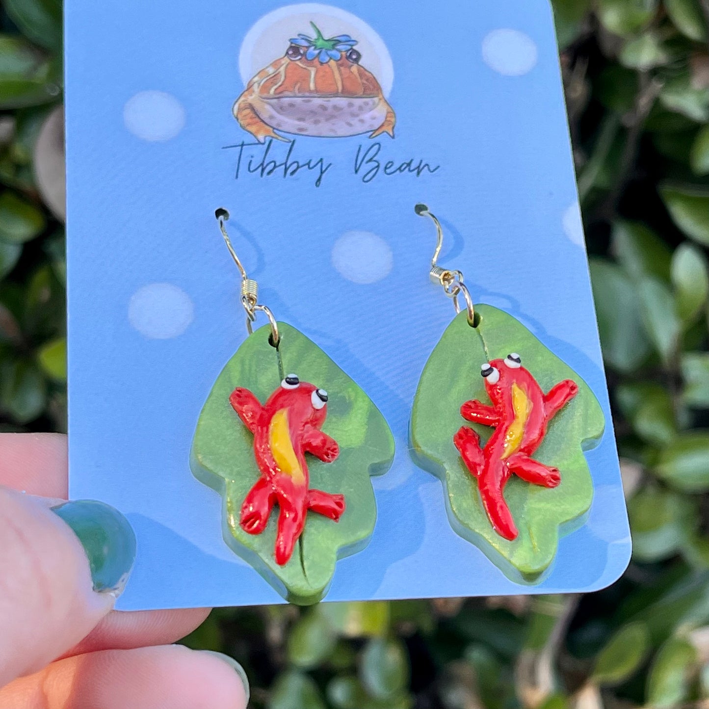 Handmade polymer clay red newt dangly earrings