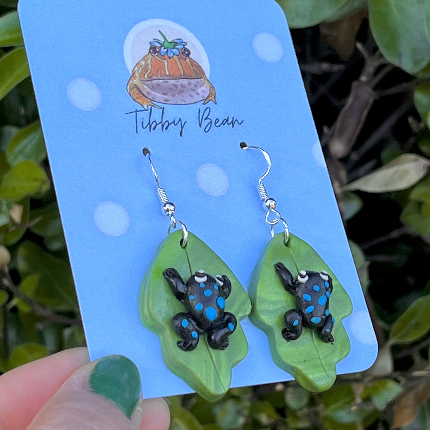 Handmade polymer clay blue poison dart frog dangly earrings