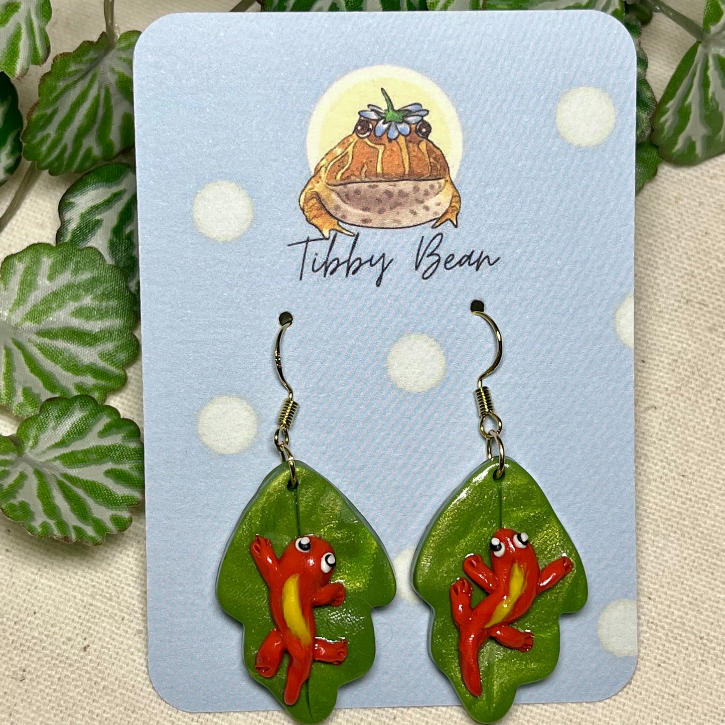 Handmade polymer clay red newt dangly earrings