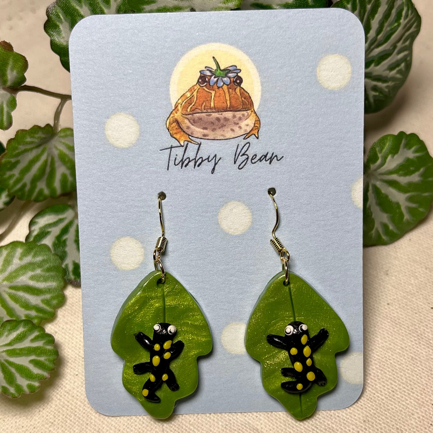 Handmade polymer clay yellow-spotted salamander dangly earrings