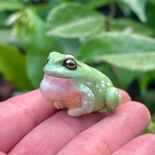 Handmade croaking white's tree frog mini figurine