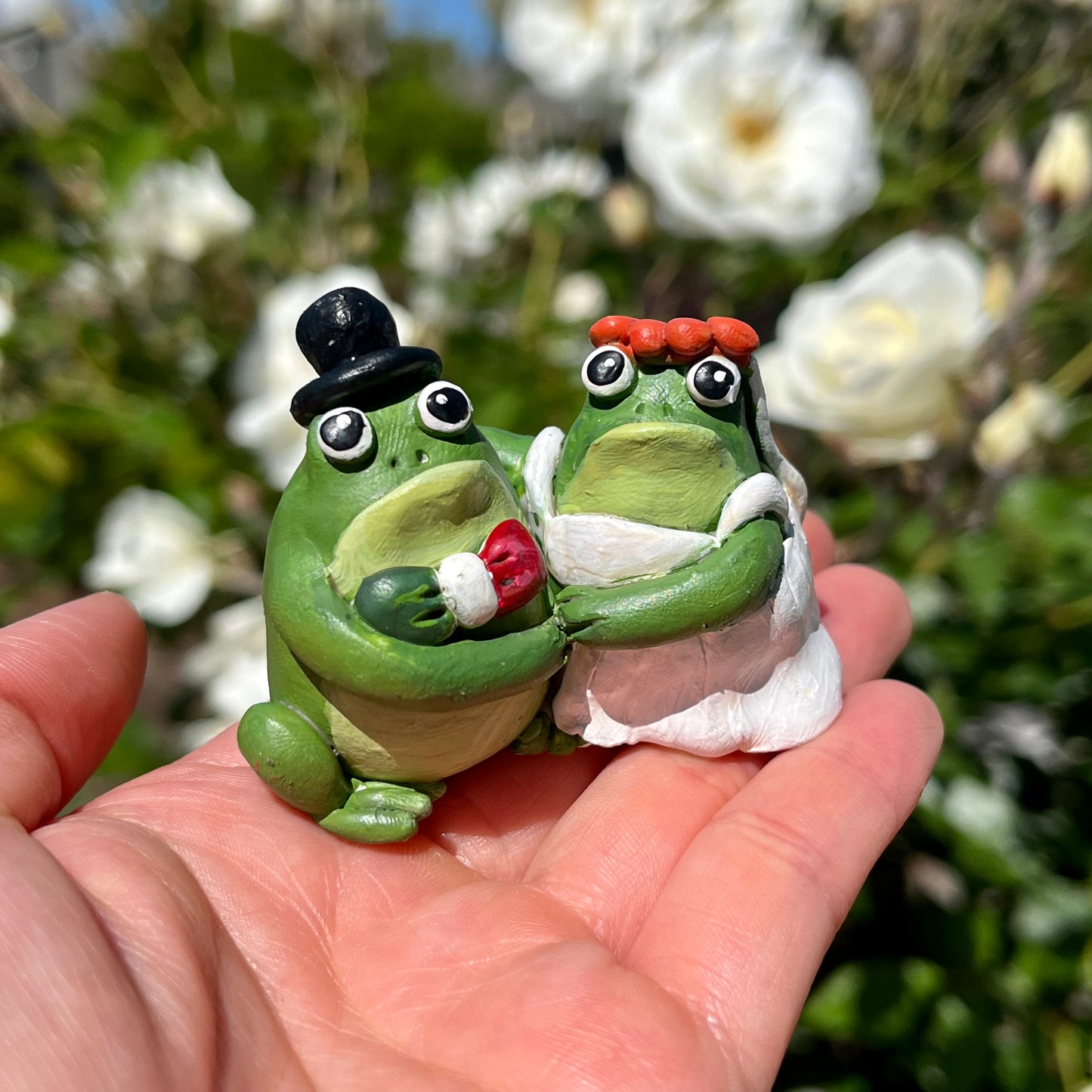Handmade Polymer Clay Wedded Hugging Frog Couple Figurine