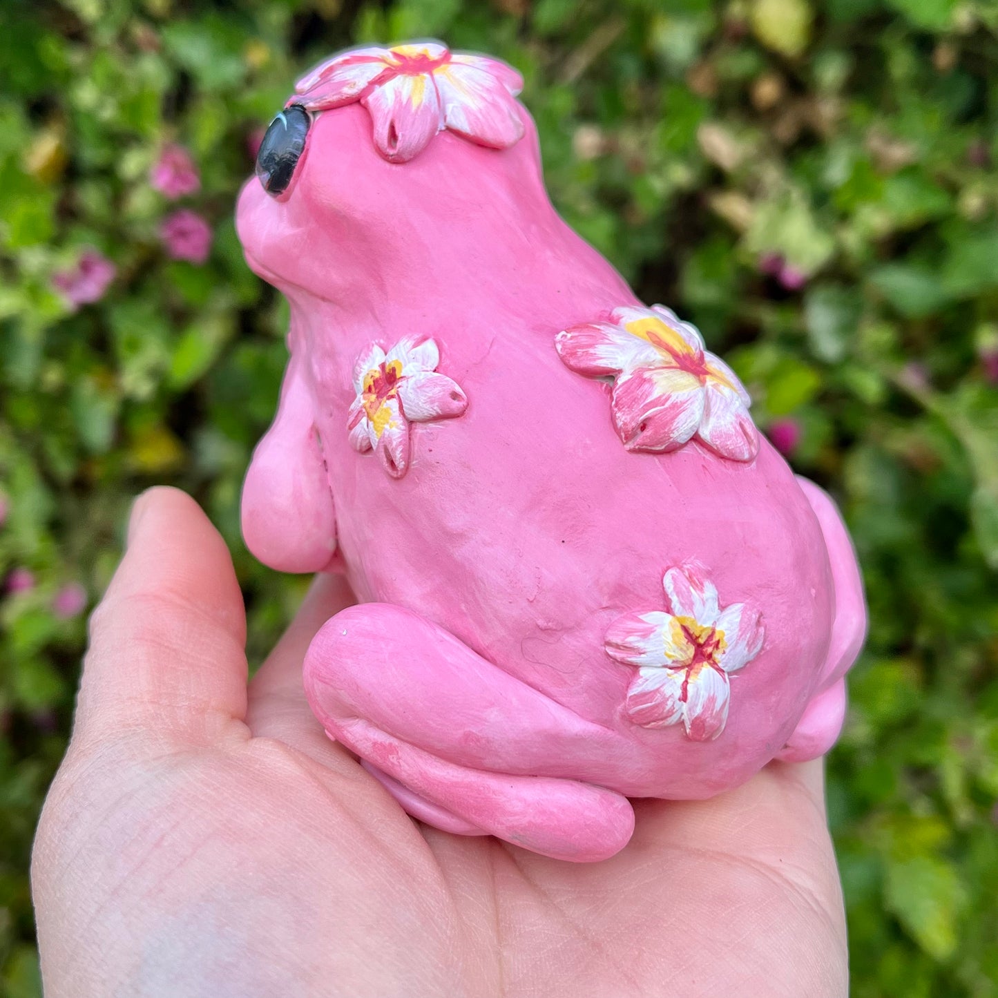 Handmade polymer clay garden flower frog figurines