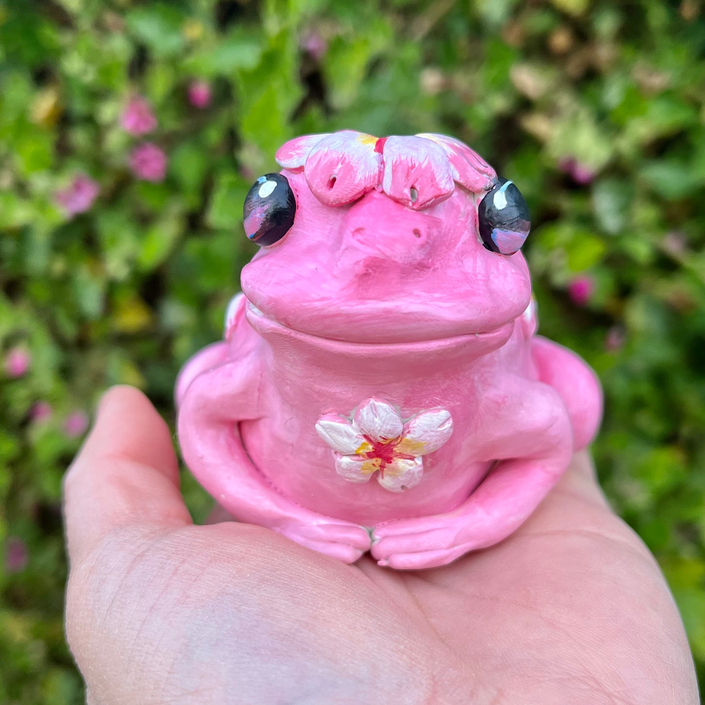 Handmade polymer clay garden flower frog figurines