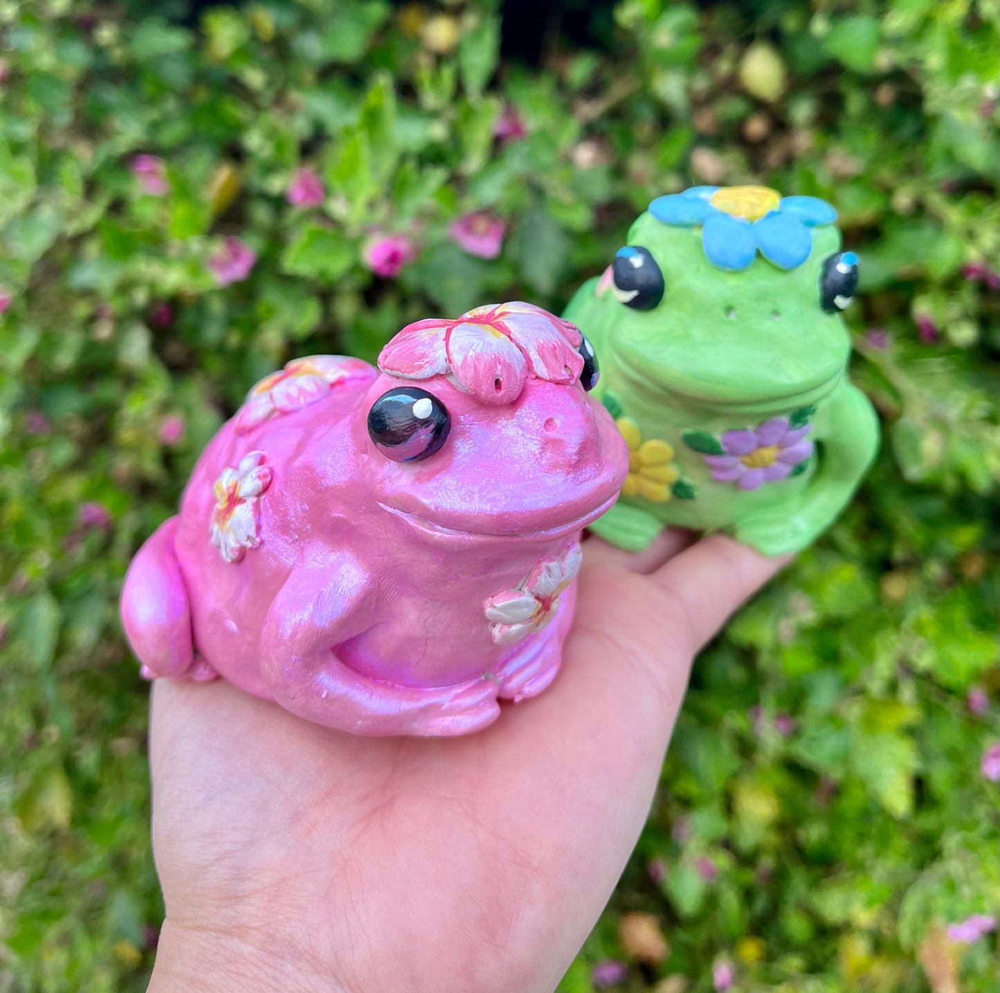 Handmade polymer clay garden flower frog figurines