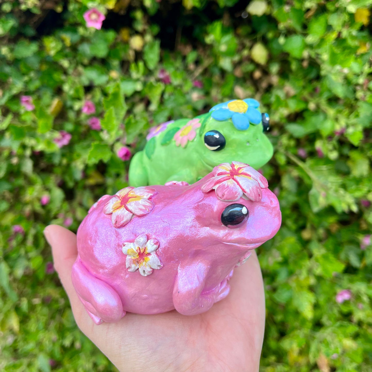 Handmade polymer clay garden flower frog figurines