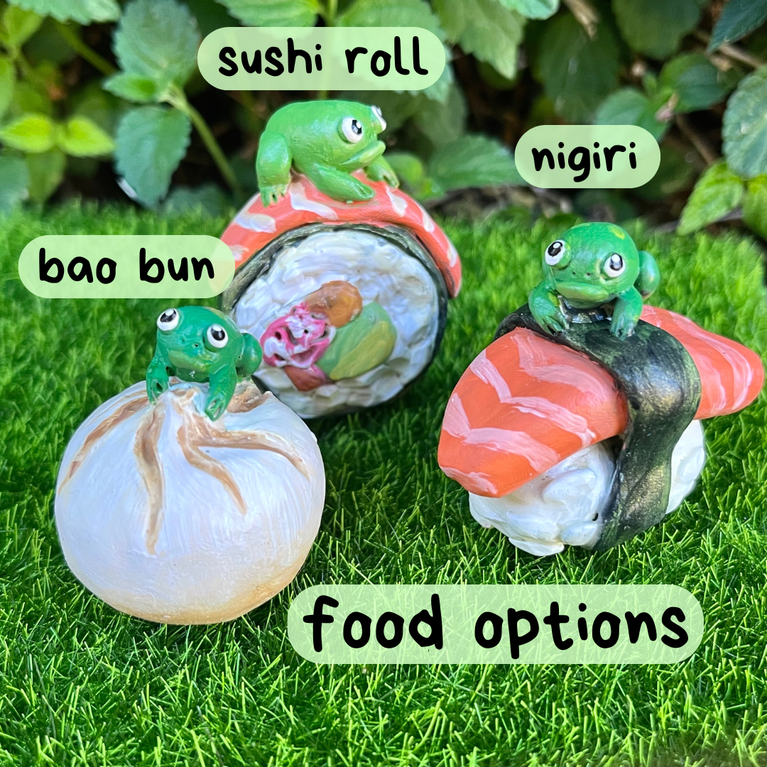 Handmade frogs on food (frushi) figurines