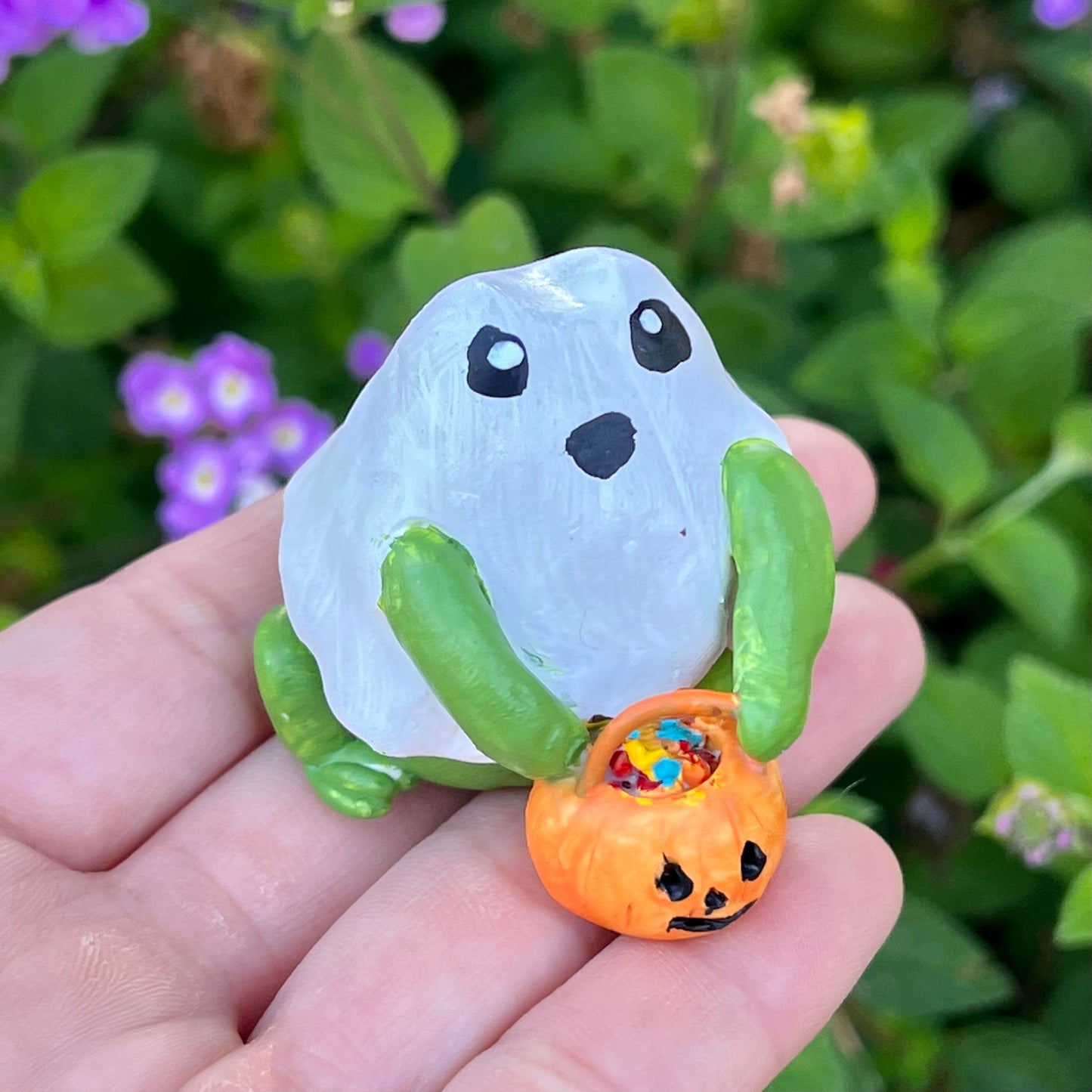 Handmade Polymer Clay Trick or Treat Ghost Frog with Pumpkin Figurine
