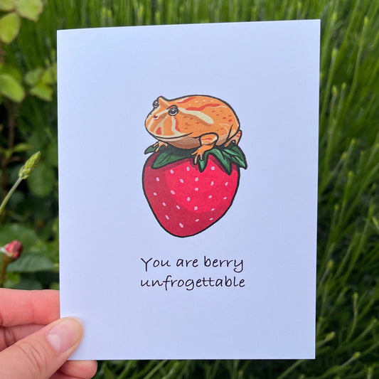 "You are berry unfrogettable" Pacman Frog & Strawberry Greeting Card