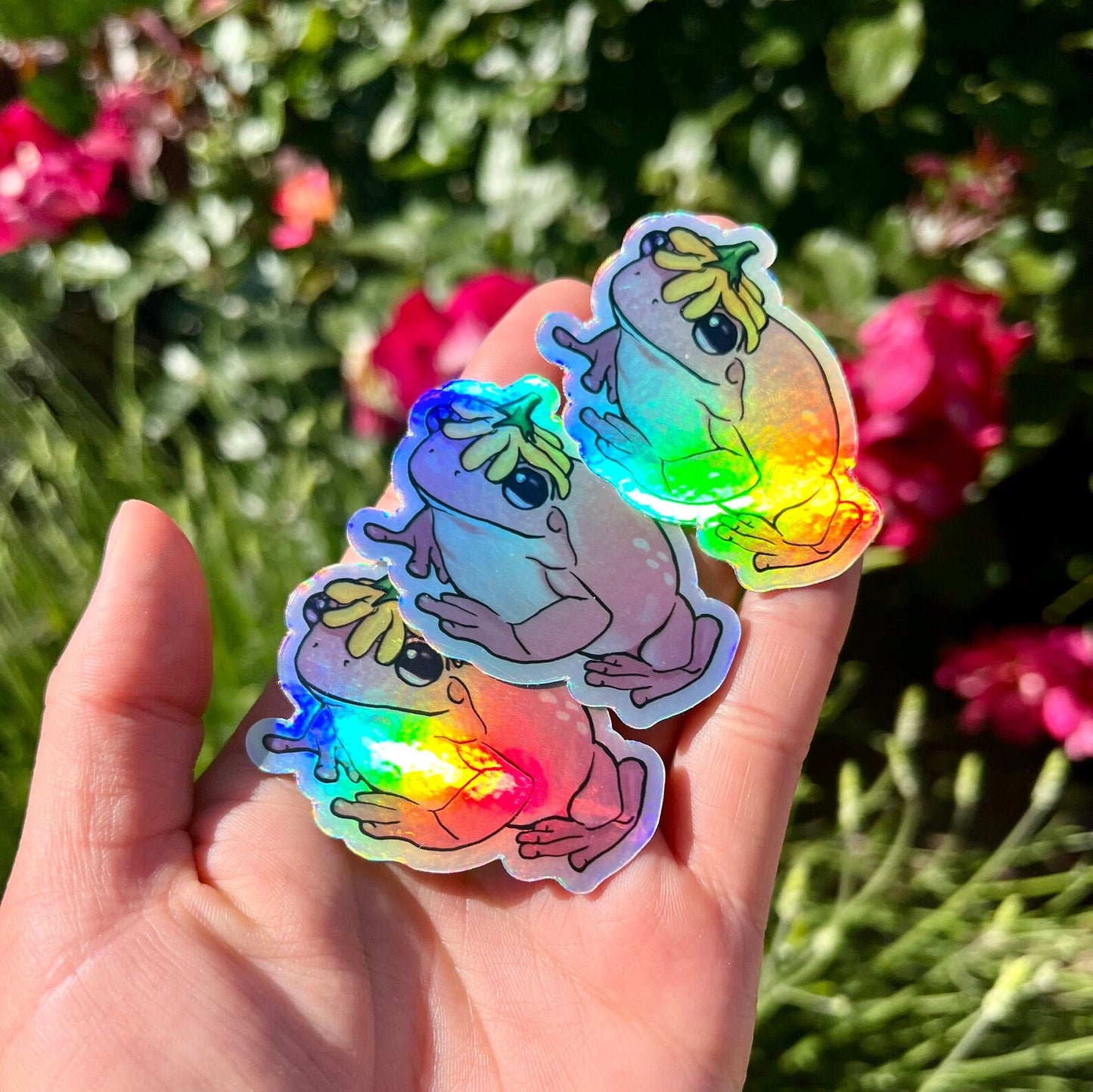 Holographic flower hat frog vinyl sticker