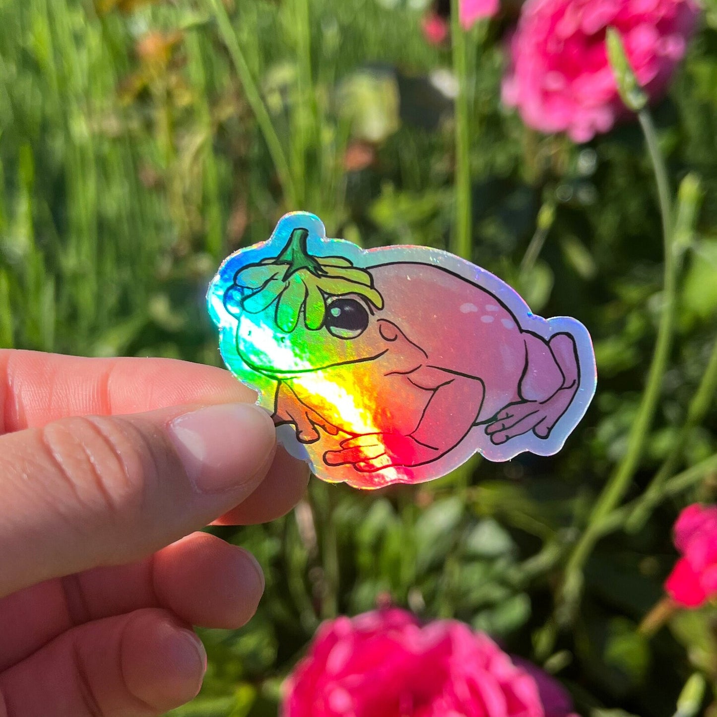 Holographic Cute Flower Hat Frog Vinyl Sticker