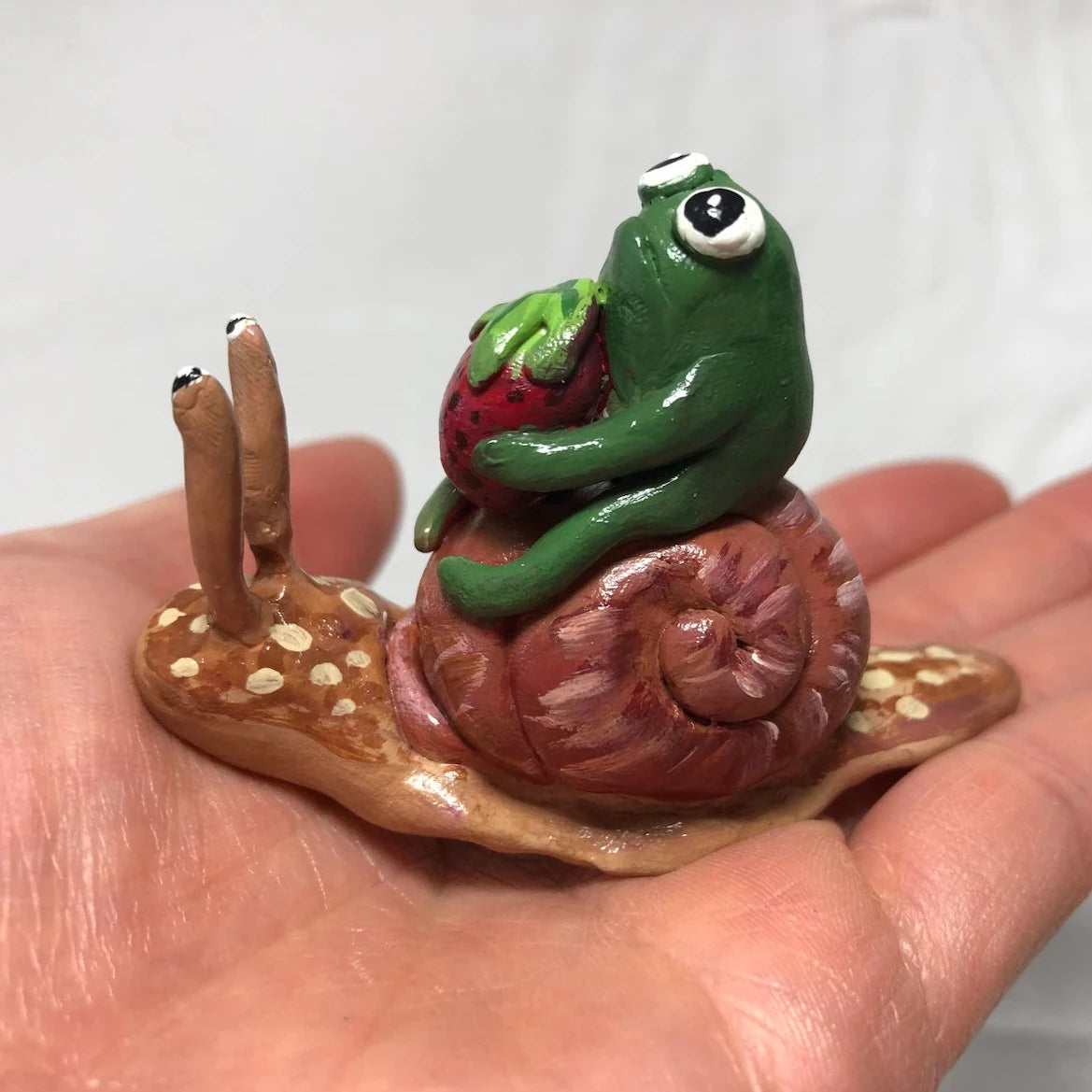Handmade Polymer Clay Tiny Toad Riding Garden Snail Figurine