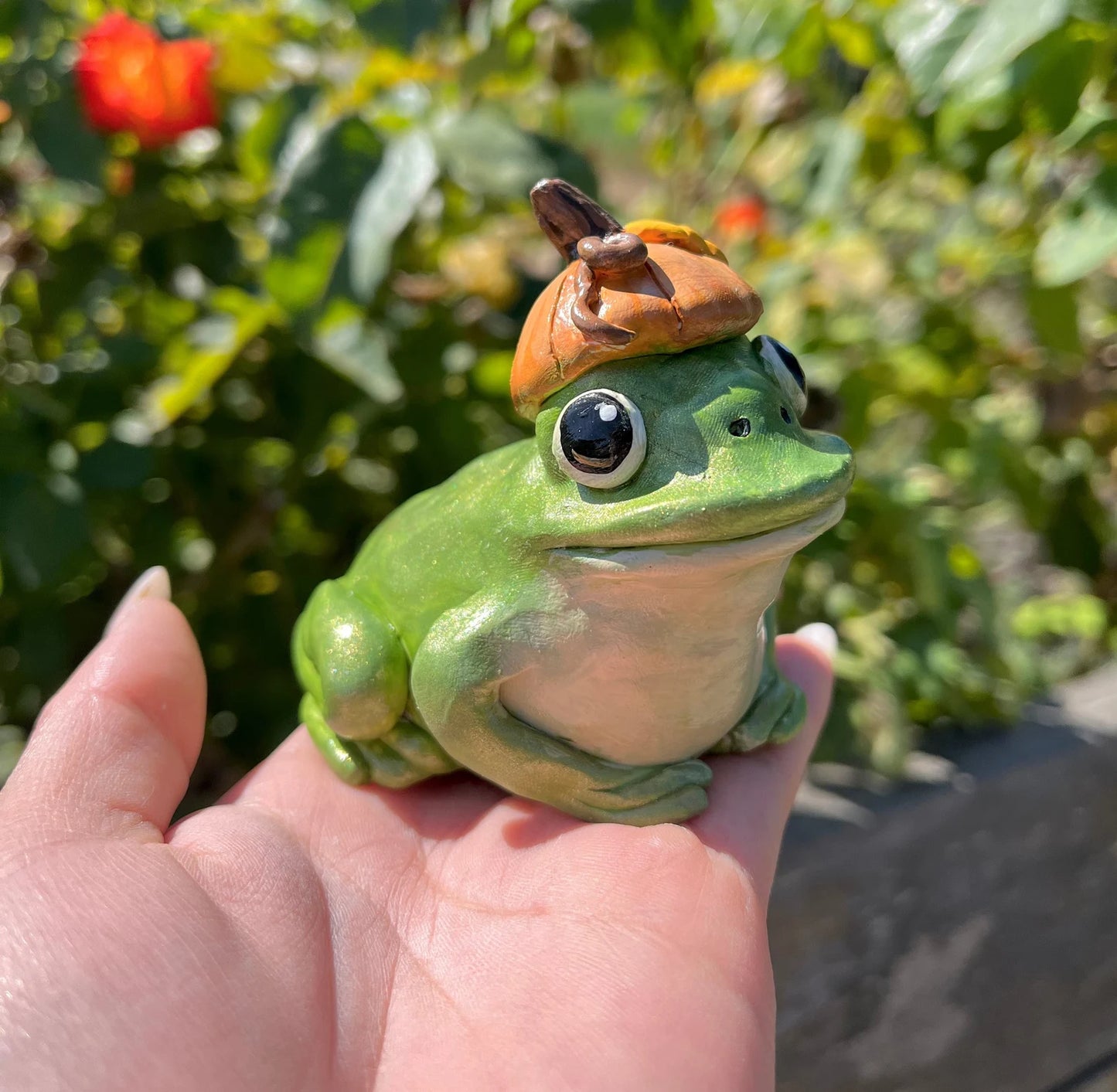Handmade Polymer Clay Fall Pumpkin Hat Frog Figurine