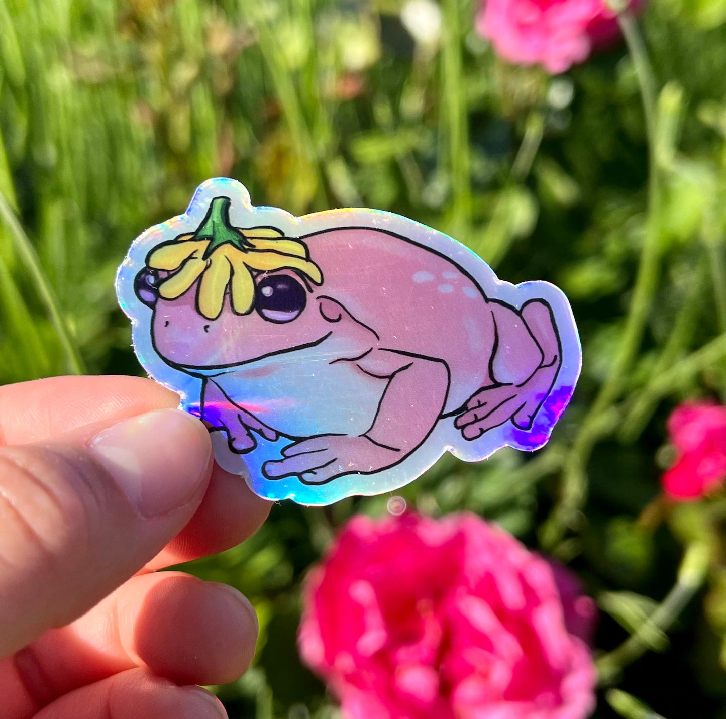 Holographic Cute Flower Hat Frog Vinyl Sticker