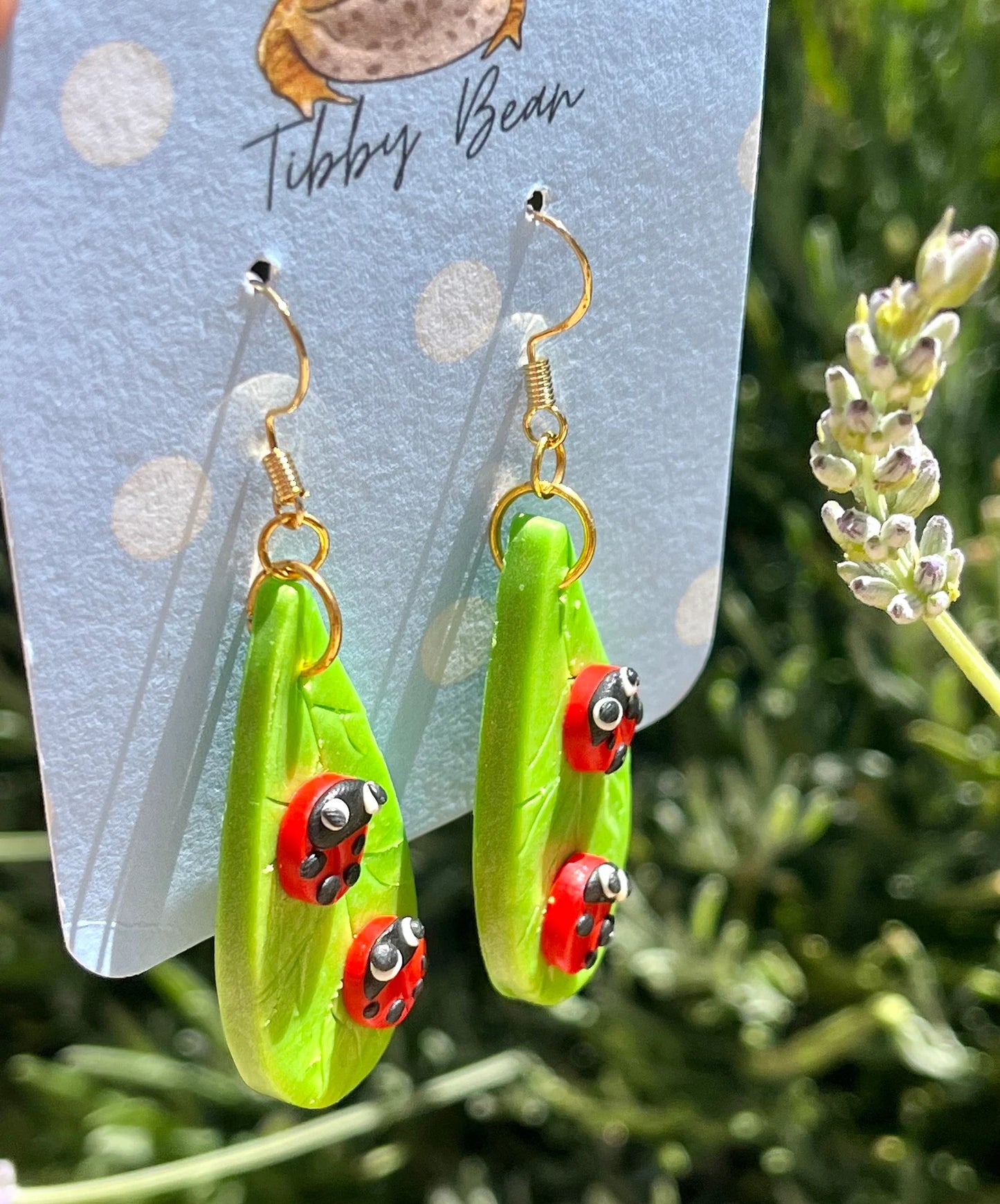 Handmade Hypoallergenic Polymer Clay Ladybugs on Leaves Dangly Hook Earrings