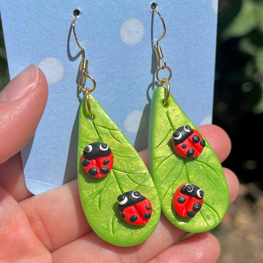 Handmade hypoallergenic clay ladybug leaf earrings