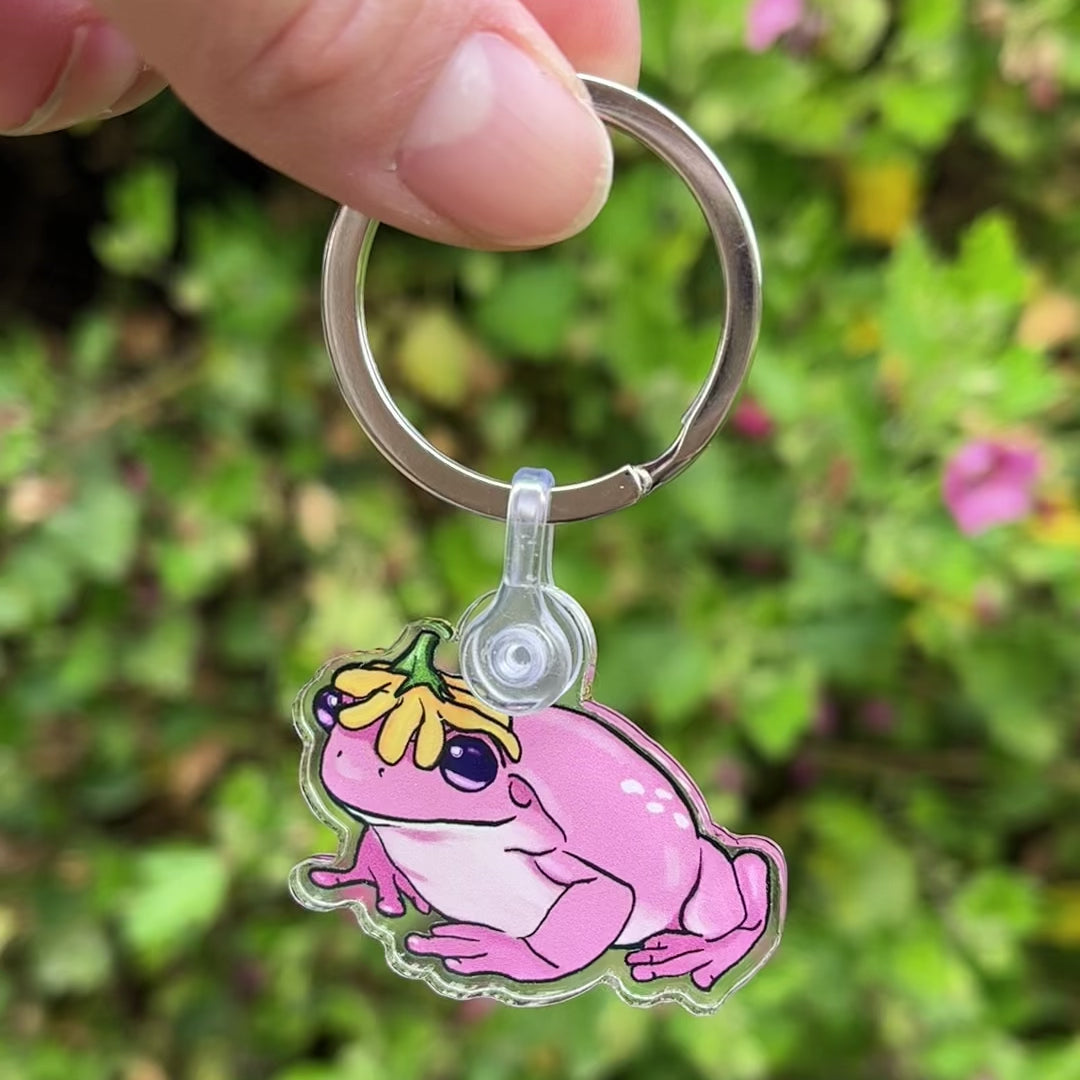 Acrylic pink flower hat frog keychain