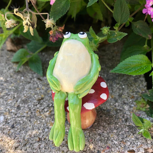 Handmade Polymer Clay Toad Sitting on Mushroom Stool Figurine