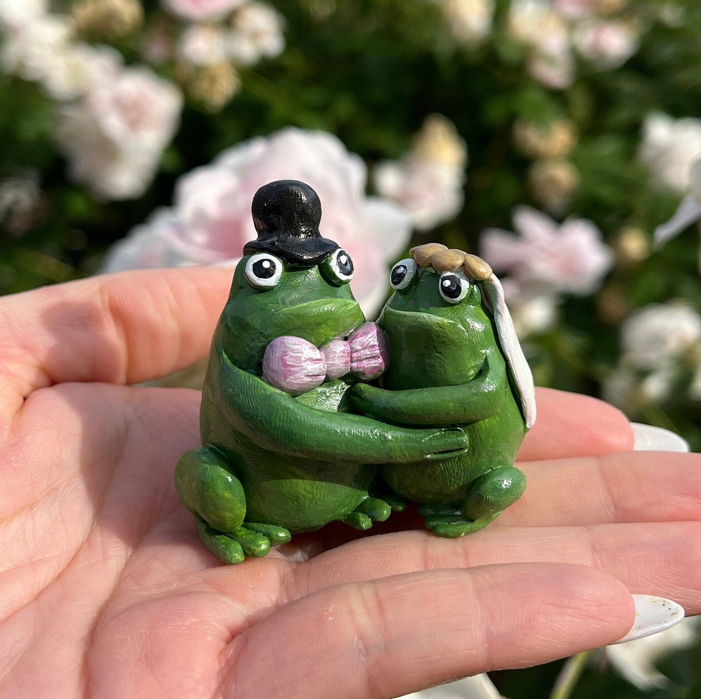 Handmade Polymer Clay Wedded Hugging Frog Couple Figurine